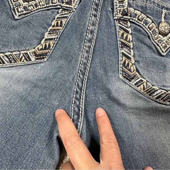 Miss Me Chloe Slim Boot Cut Jeans Mid Rise Border Stitch Flap Pockets Blue 27 - Picture 15 of 16